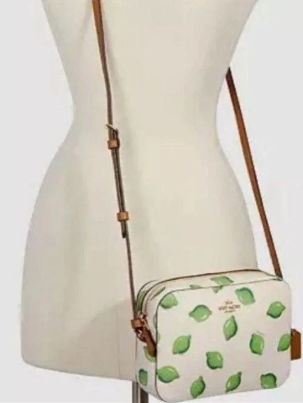 Coach White Crossbody with Green Lemon Motif and Tan Strap